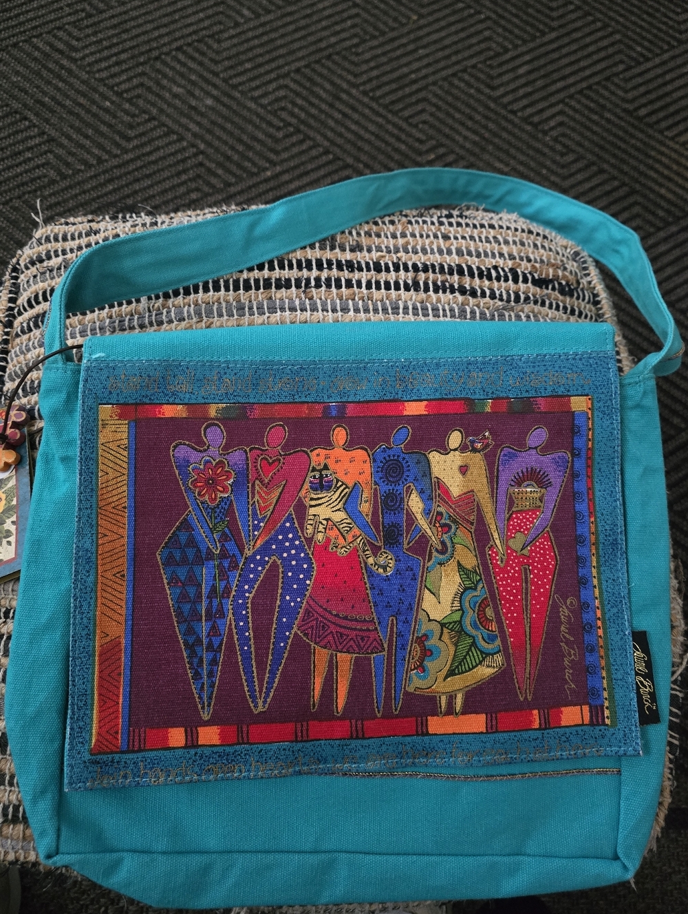 Laurel Burch Teal Canvas Shoulder Bag with Colorful Artistic Panel